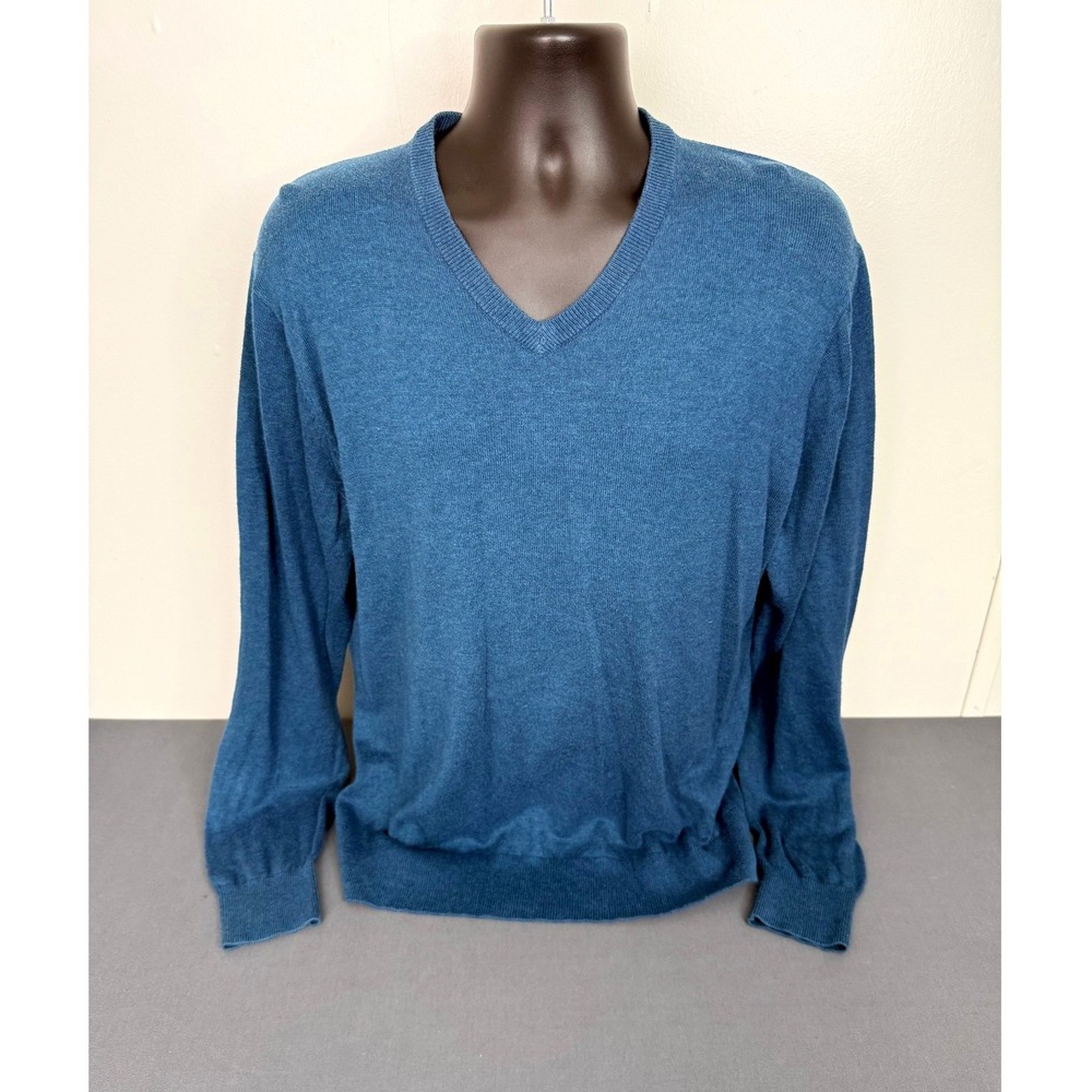 St Johns Bay Sweater Mens L V-Neck Solid Teal Blue Cotton Blend Knit Pullover